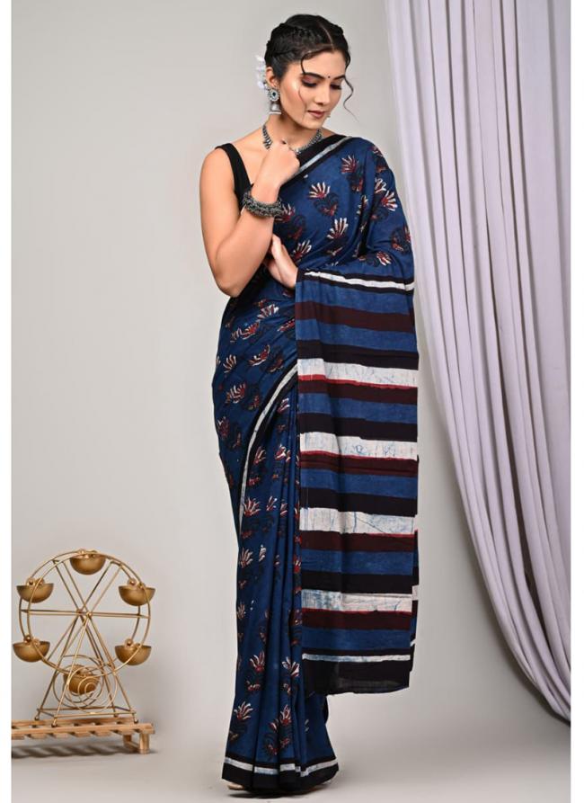 Cotton Blue Casual Wear Printed Saree